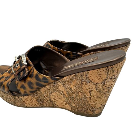 Brighton Summer Leopard Patent Leather Classic Buckle Cork Wedge Sandals - Picture 9 of 11